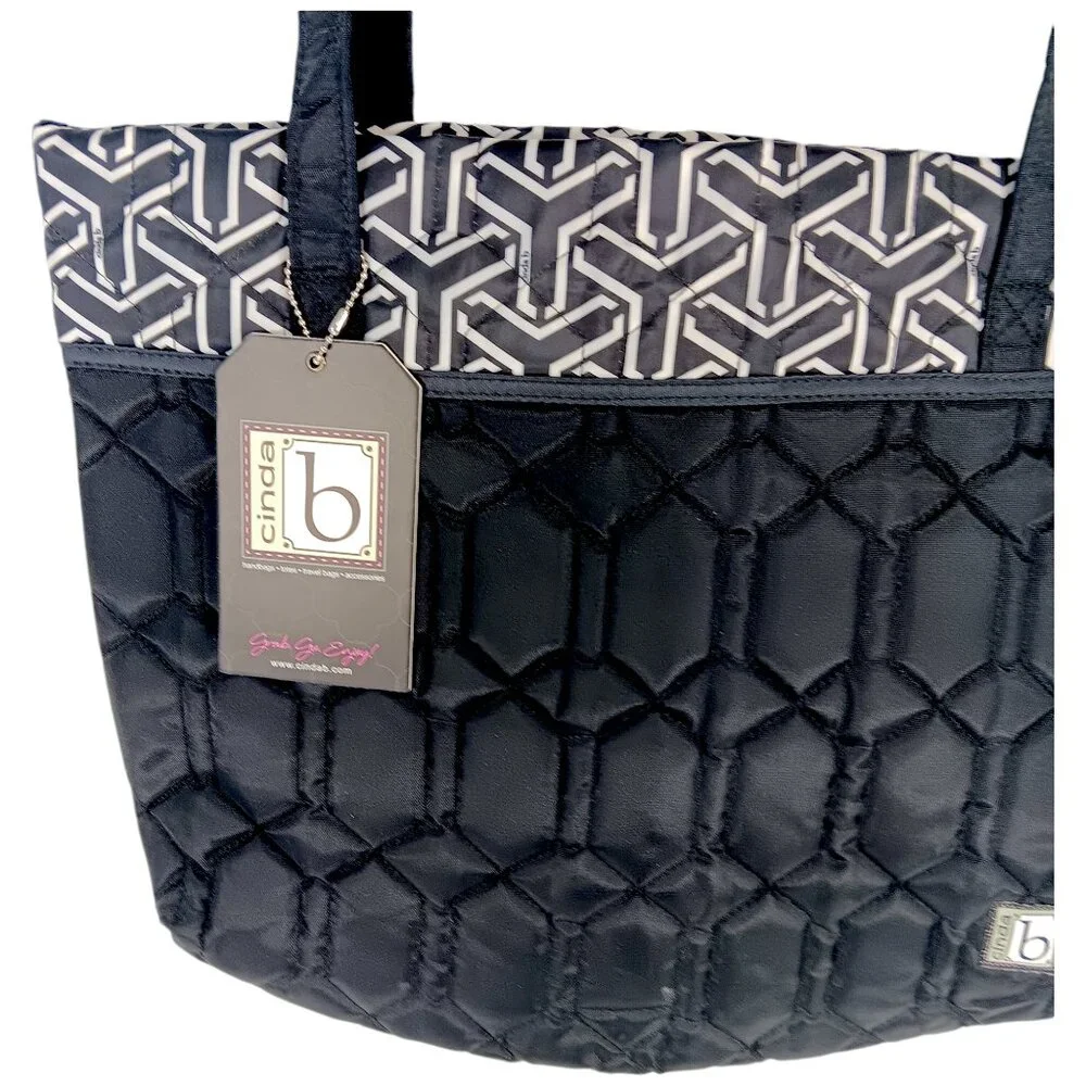 CINDA B- Jet Set Black-Tote-Purse-Shoulder Bag-Quilted Pattern-Black-White - Picture 3 of 10